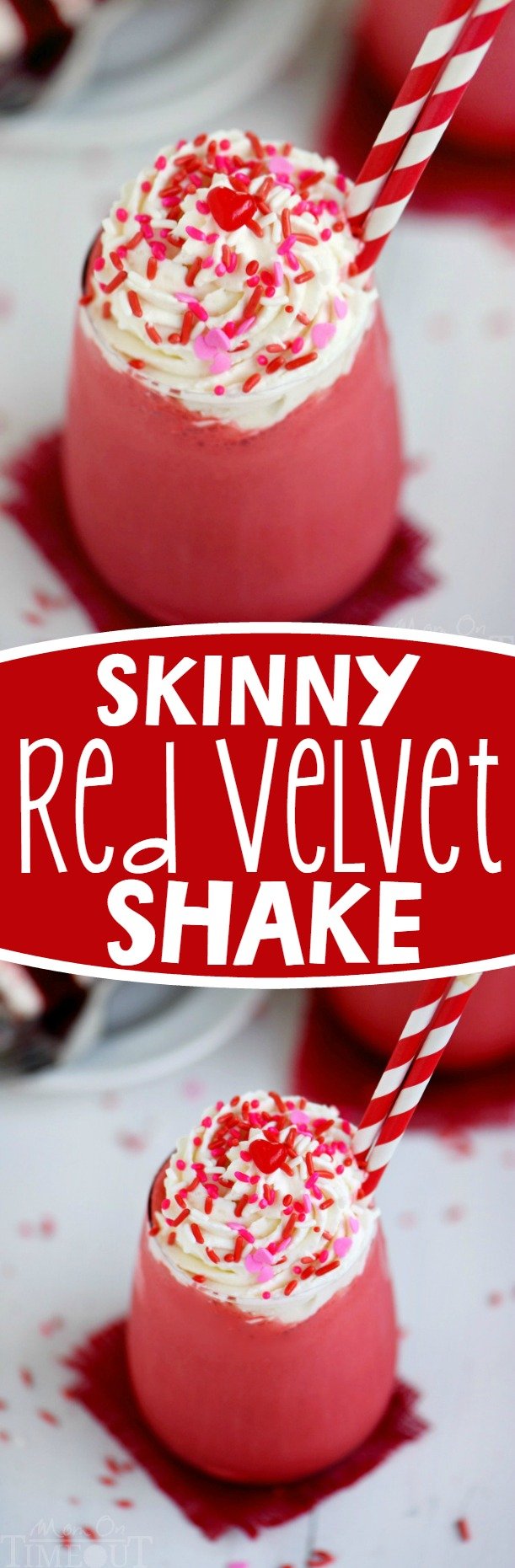 This Skinny Red Velvet Shake is the perfect treat for Valentine's Day or whenever you need a little something special. Topped with a decadent cream cheese whipped cream, this skinny shake is hard to resist! Great for breakfast or dessert!