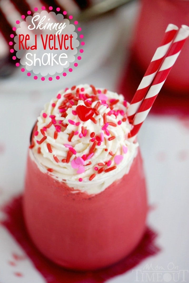 This Skinny Red Velvet Shake is the perfect treat for Valentine's Day or whenever you need a little something special. Topped with a decadent cream cheese whipped cream, this skinny shake is hard to resist! Great for breakfast or dessert!