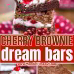 Three image graphic of cherry brownie dream bars showing stacked and also ready to be cut. Center color block with text overlay.