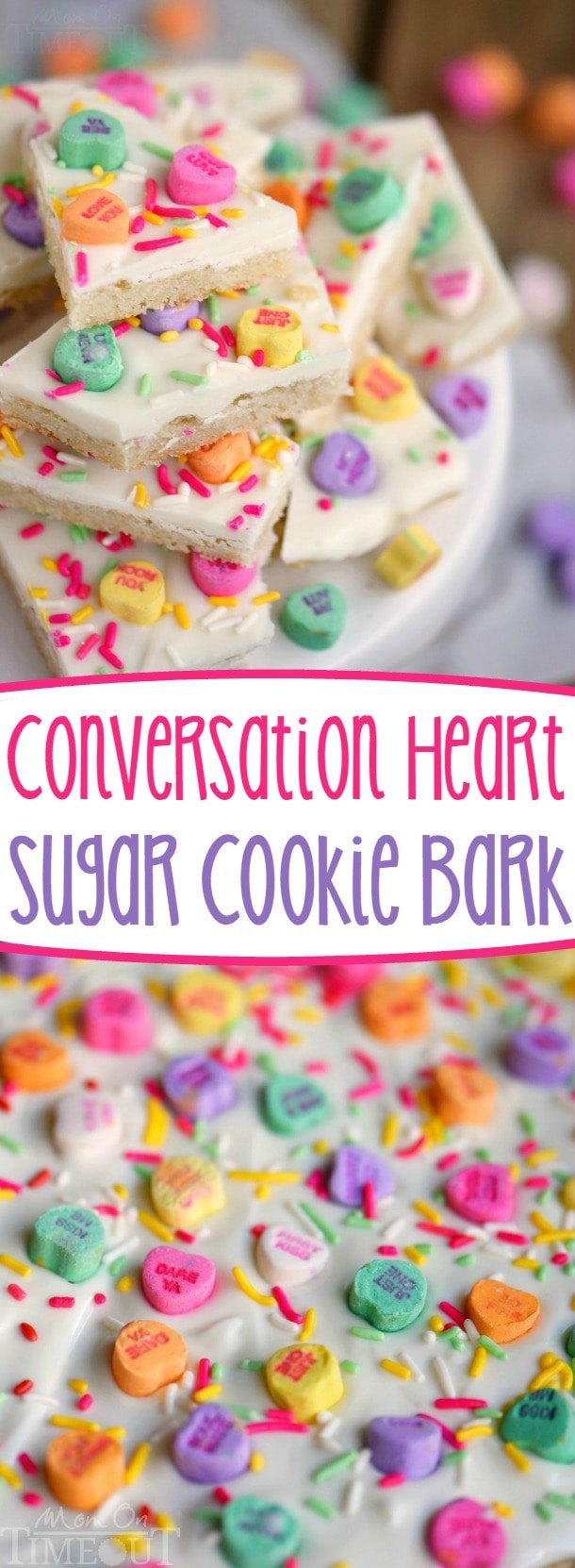 This Conversation Heart Sugar Cookie Bark is too fun and easy not to make! Less than 30 minutes from start to finish and just FOUR ingredients! Perfect for classroom and office parties!