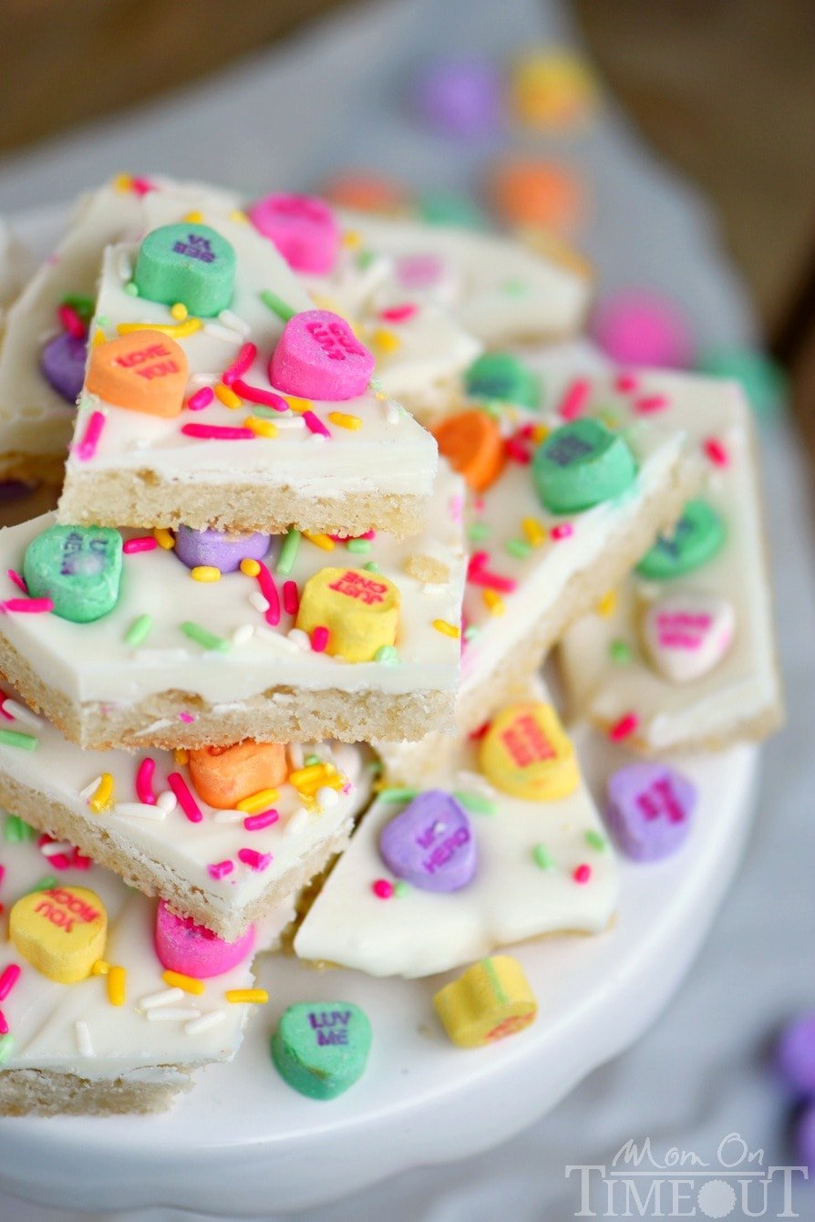 This Conversation Heart Sugar Cookie Bark is too fun and easy not to make! Less than 30 minutes from start to finish and just FOUR ingredients! Perfect for classroom and office parties!