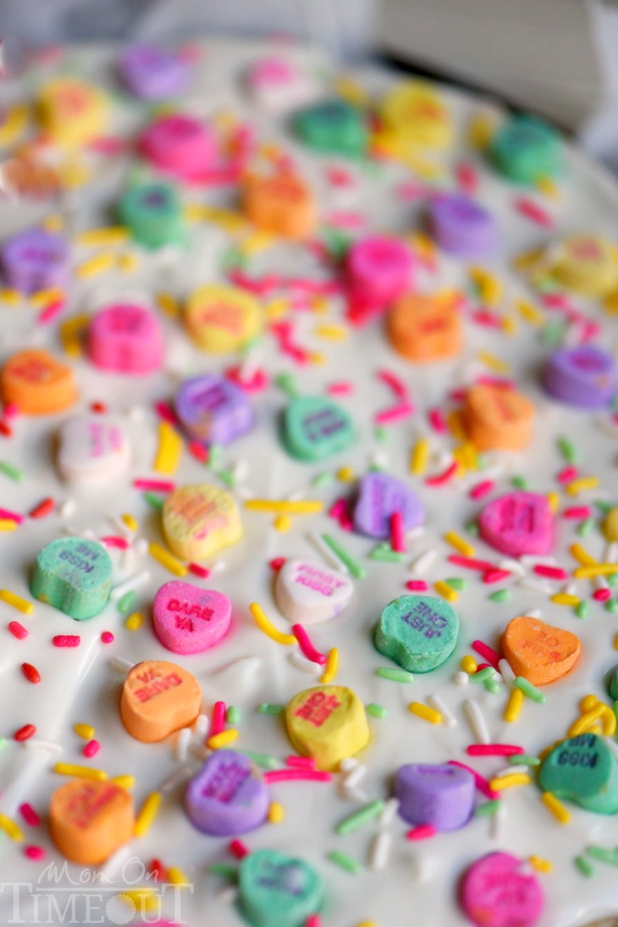 This Conversation Heart Sugar Cookie Bark is too fun and easy not to make! Less than 30 minutes from start to finish and just FOUR ingredients! Perfect for classroom and office parties!