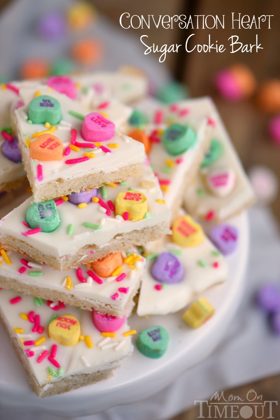 This Conversation Heart Sugar Cookie Bark is too fun and easy not to make! Less than 30 minutes from start to finish and just FOUR ingredients! Perfect for classroom and office parties!