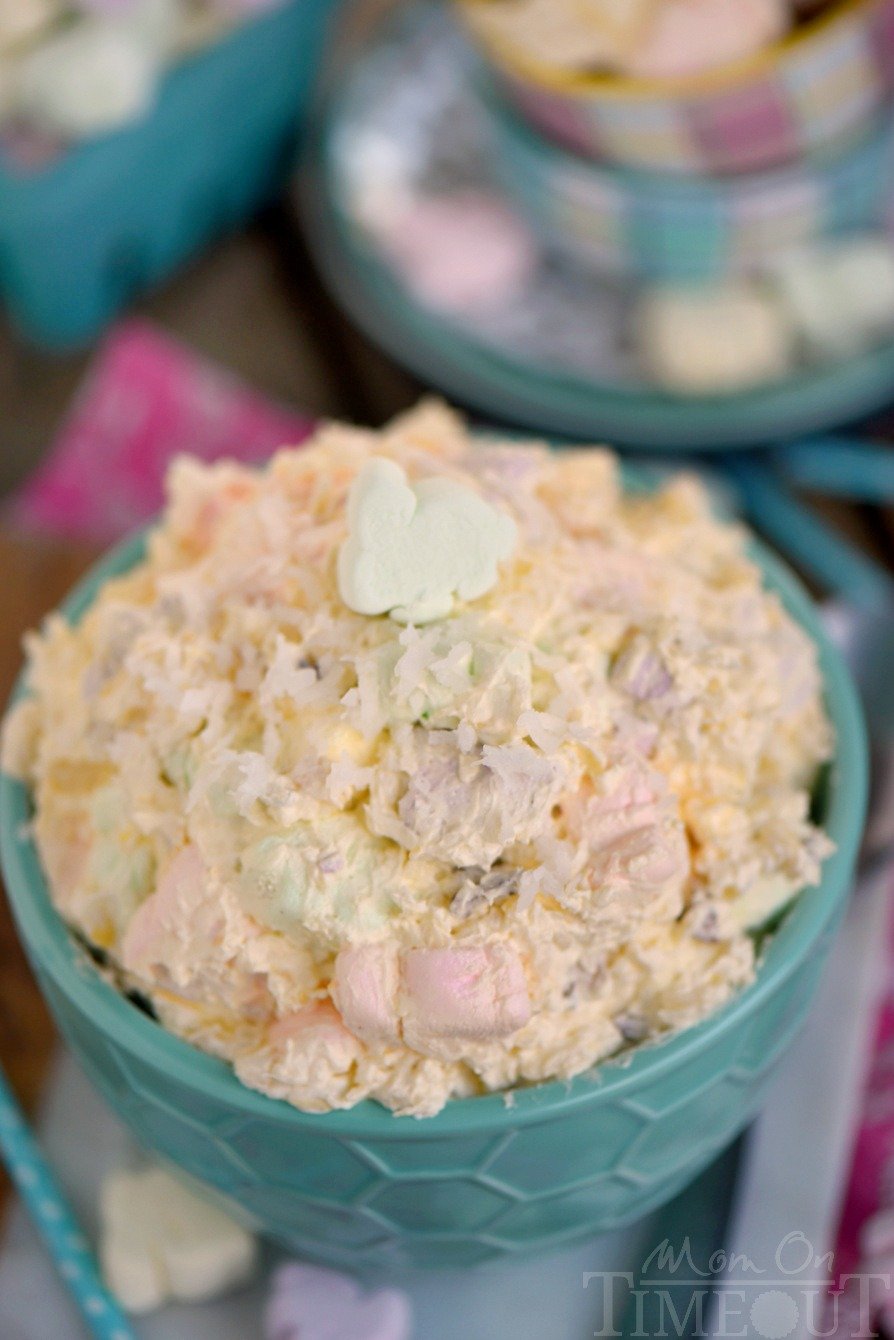 top down look at easter fluff in large green bowl.