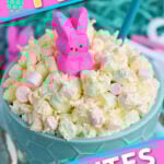 easter fluff dessert salad in green bowl with pink peep on top and text overlay