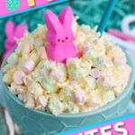 easter fluff dessert salad in green bowl with pink peep on top and text overlay