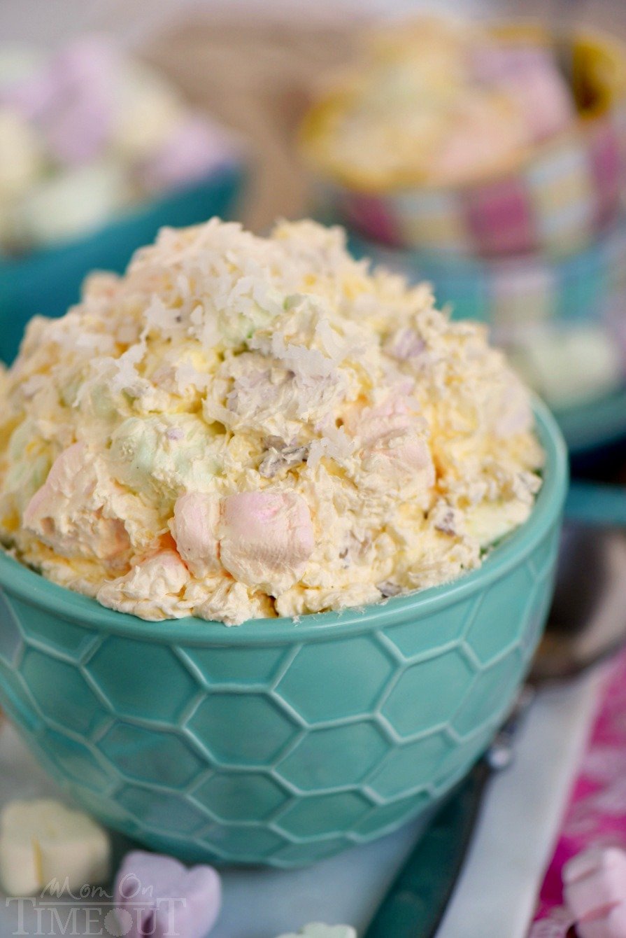 easter fluff made with marshmallows and pudding mix in serving bowl.