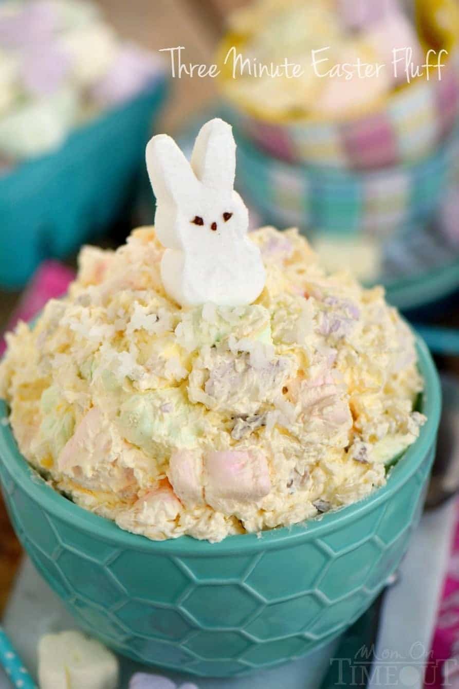 dessert fluff salad made for easter with white peep sitting on top.