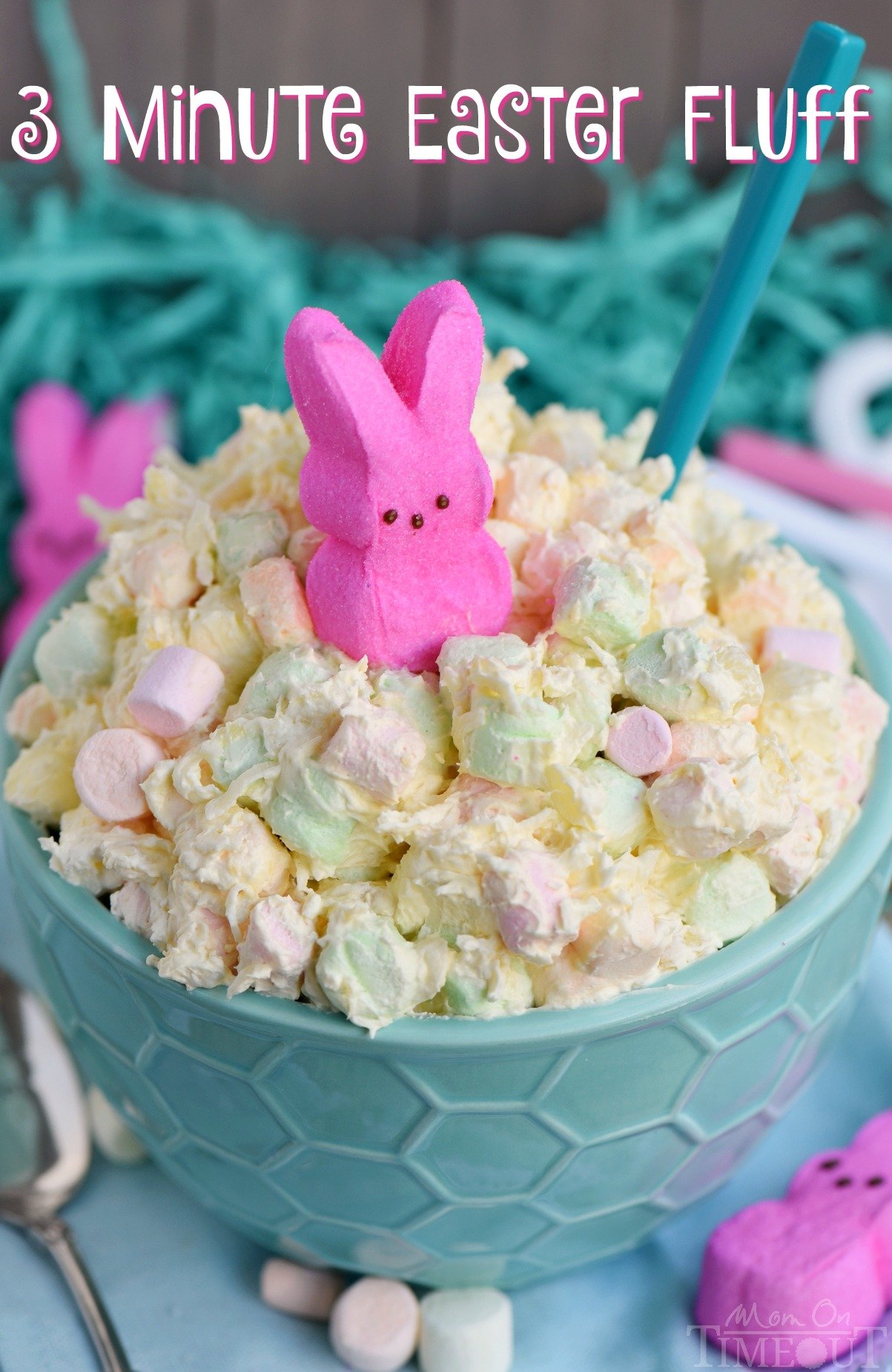 fluff salad in green egg bowl with pink marshmallow peep on top and text overlay.