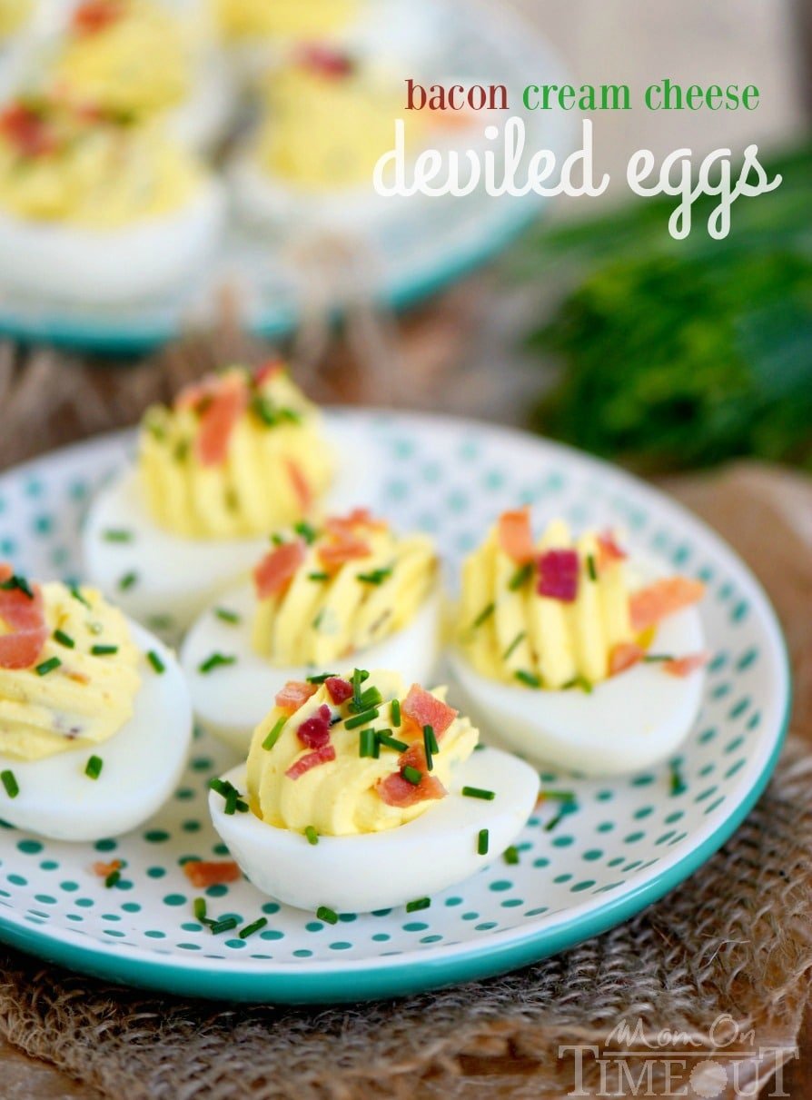 Bacon Cream Cheese Deviled Eggs are delightfully creamy and perfectly savory with the addition of bacon and chives! Double the batch because these won't last long! The perfect appetizer for picnics, BBQ's and parties! | Mom On Timeout