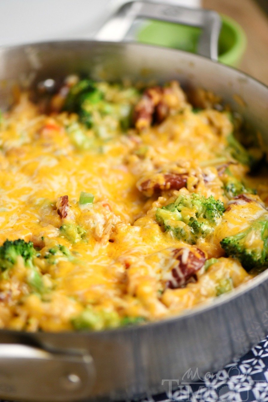 Cheesy Kielbasa, Rice and Broccoli Skillet - your new favorite dinner! This easy skillet recipe comes together in a flash and is made in a single skillet for easy clean-up. Extra cheesy, and just bursting with flavor, it's a dinner recipe you'll find yourself making again and again.