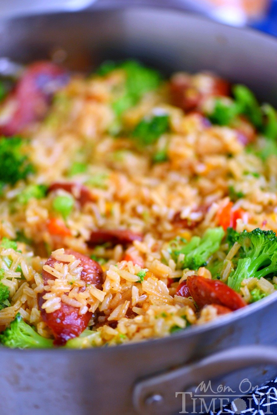 Cheesy Kielbasa, Rice and Broccoli Skillet - your new favorite dinner! This easy skillet recipe comes together in a flash and is made in a single skillet for easy clean-up. Extra cheesy, and just bursting with flavor, it's a dinner recipe you'll find yourself making again and again.