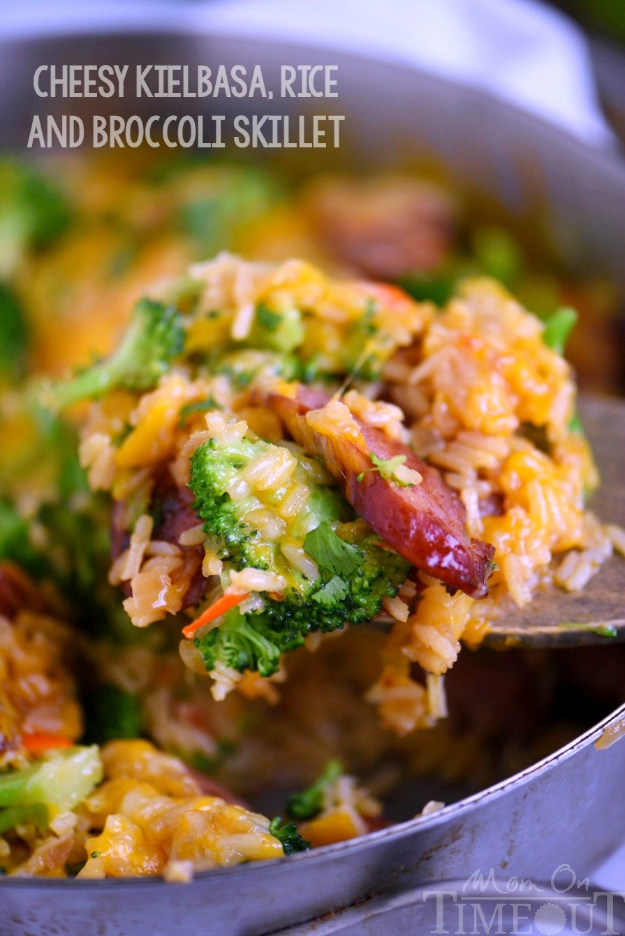 Cheesy Kielbasa, Rice and Broccoli Skillet - your new favorite dinner! This easy skillet recipe comes together in a flash and is made in a single skillet for easy clean-up. Extra cheesy, and just bursting with flavor, it's a dinner recipe you'll find yourself making again and again.