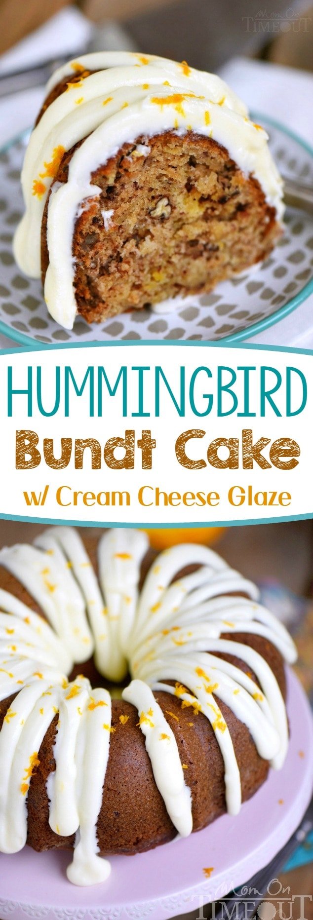 Hummingbird Bundt Cake with Cream Cheese Glaze will be the star of the show! This delightfully moist cake is made with bananas, pineapple, pecans and spiced with cinnamon, cloves and nutmeg - every bite of this easy cake is pure bliss! | Mom On Timeout