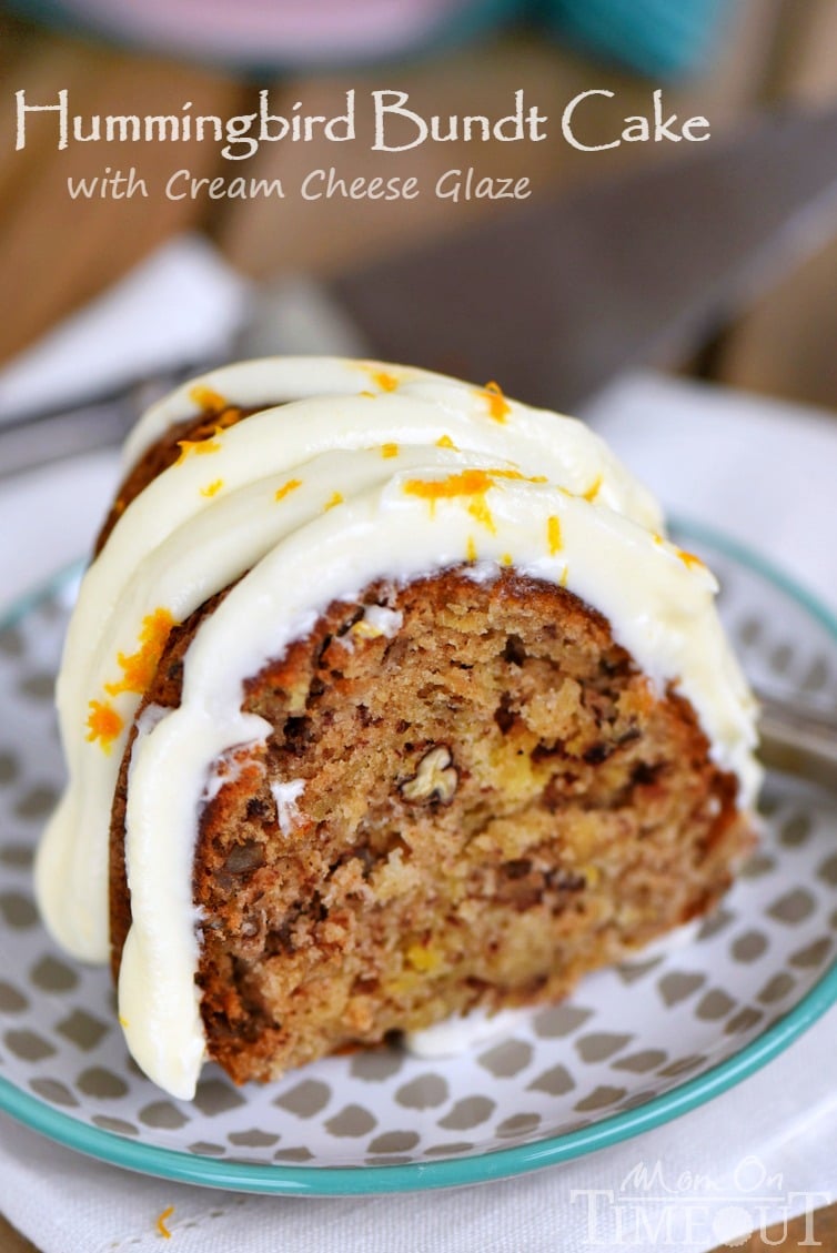 Hummingbird Bundt Cake with Cream Cheese Glaze will be the star of the show! This delightfully moist cake is made with bananas, pineapple, pecans and spiced with cinnamon, cloves and nutmeg - every bite of this easy cake is pure bliss! | Mom On Timeout