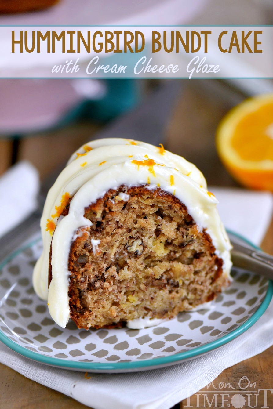 Hummingbird Bundt Cake with Cream Cheese Glaze will be the star of your party! This delightfully moist cake is made with bananas, pineapple, pecans and spiced with cinnamon, cloves and nutmeg - every bite of this easy cake is pure bliss! 