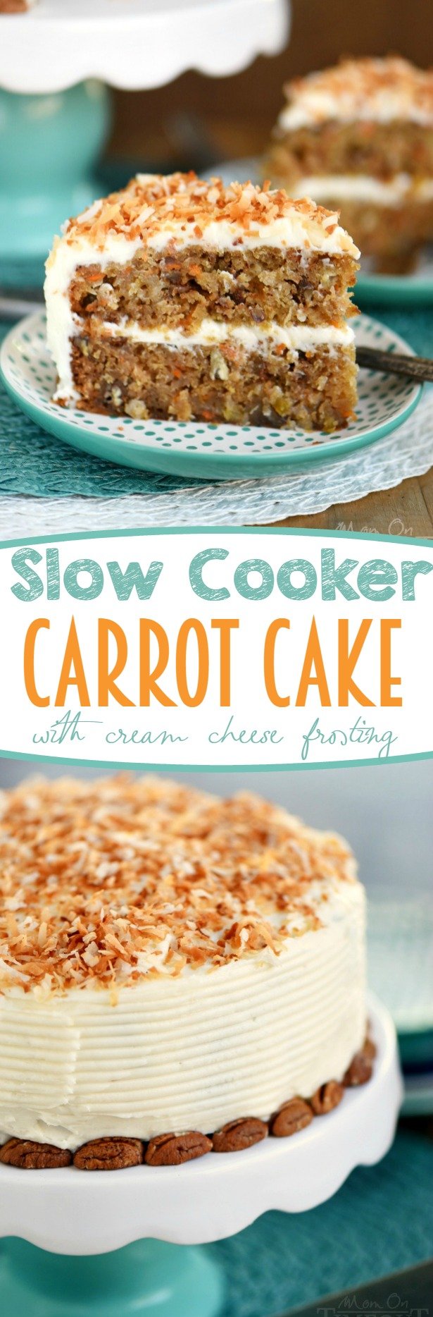 This Slow Cooker Carrot Cake with Cream Cheese Frosting is going to change your life! Free up the oven and get the moistest carrot cake you've ever had - right from your slow cooker! Made without oil or butter and loaded with coconut, pineapple and pecans!