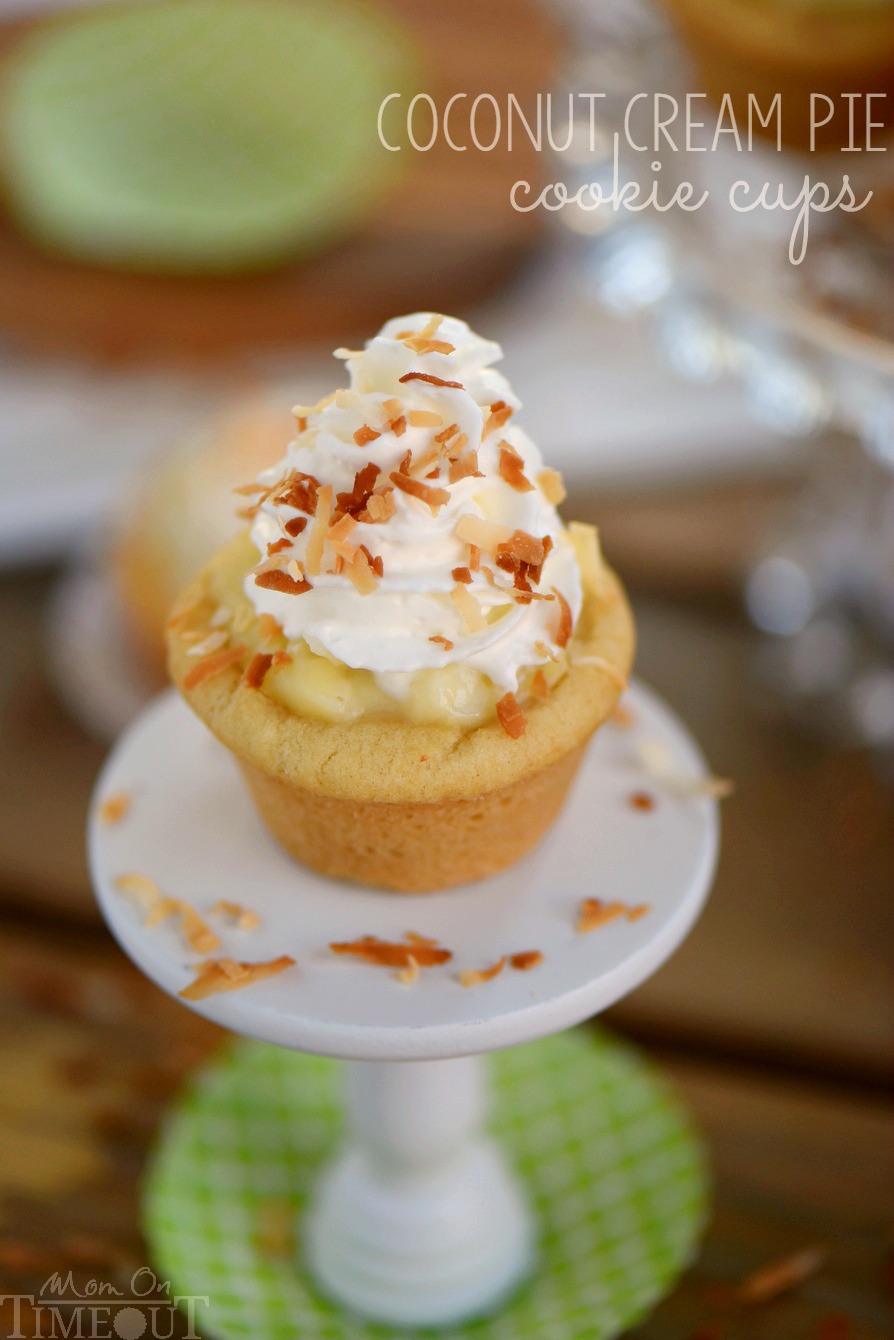 Coconut Cream Pie Cookie Cups! Two of my favorite desserts collide in this easy to make recipe that will have your guests oohing and aahing in no time!