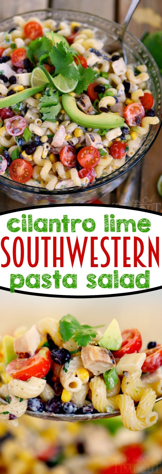 This Creamy Cilantro Lime Southwestern Pasta Salad recipe is satisfying enough for an easy dinner or a tasty addition to any party, BBQ or get together! Grilled chicken, black beans, corn, tomatoes, and a creamy cilantro lime dressing make this pasta salad exceptionally delicious!