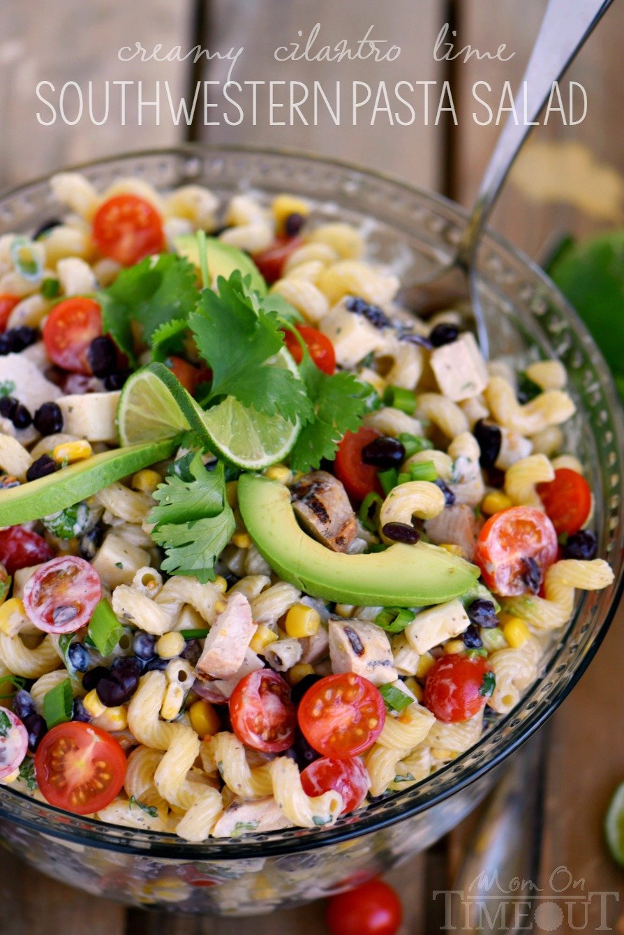 This Creamy Cilantro Lime Southwestern Pasta Salad recipe is satisfying enough for an easy dinner or a tasty addition to any party, BBQ or get together! Grilled chicken, black beans, corn, tomatoes, and a creamy cilantro lime dressing make this pasta salad exceptionally delicious!