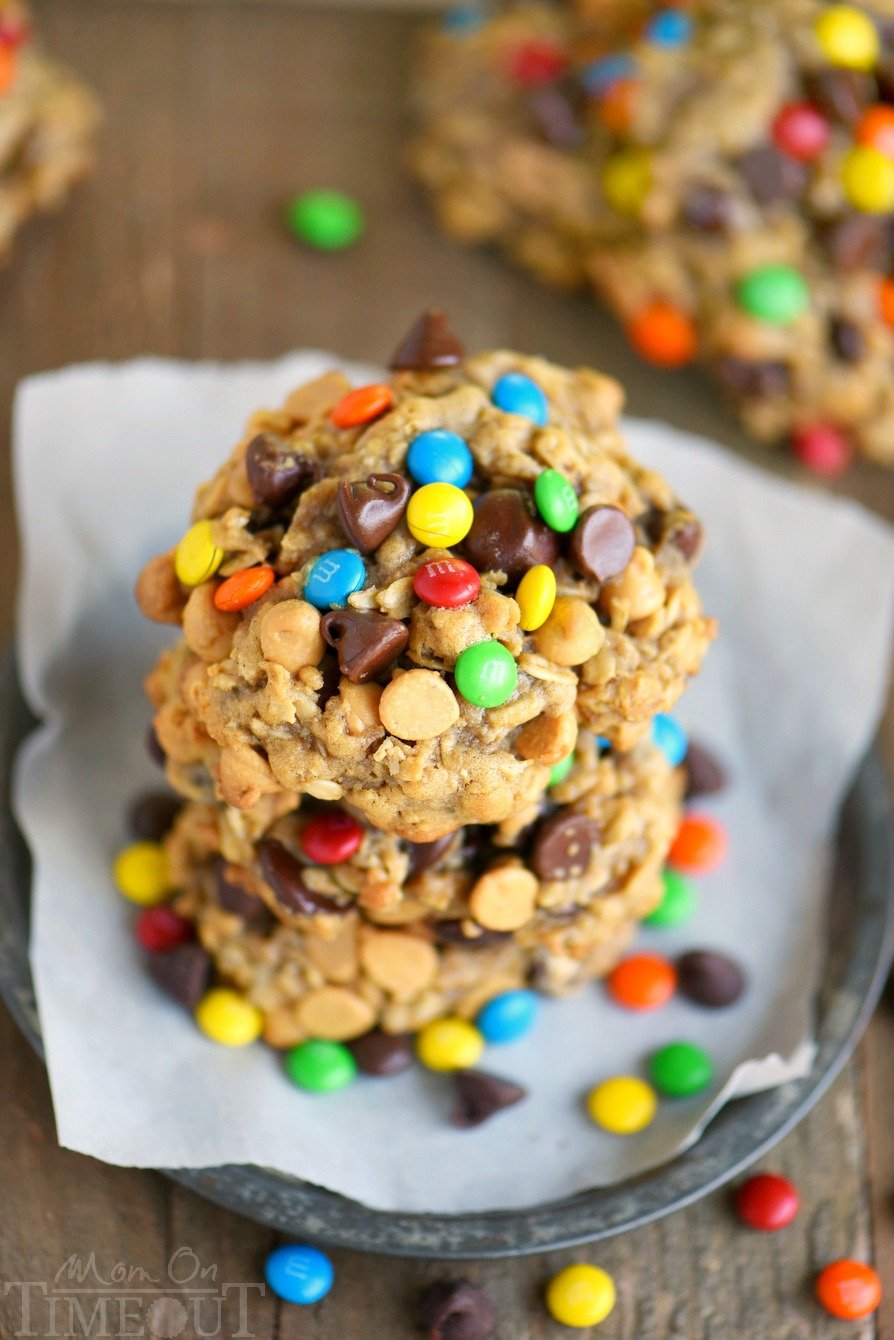 Monster Peanut Butter Oatmeal Cookies stacked on plate