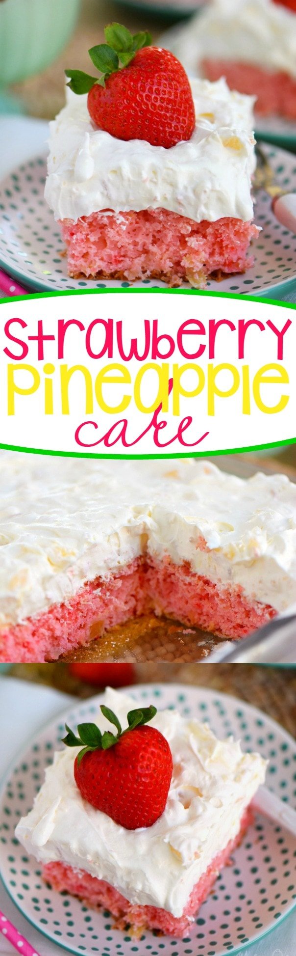 This Easy Strawberry Pineapple Cake recipe is ideal for all Spring and Summer festivities! Delightfully easy to make and topped with the creamiest pineapple fluff frosting, this cake will quickly become your go-to dessert recipe! 