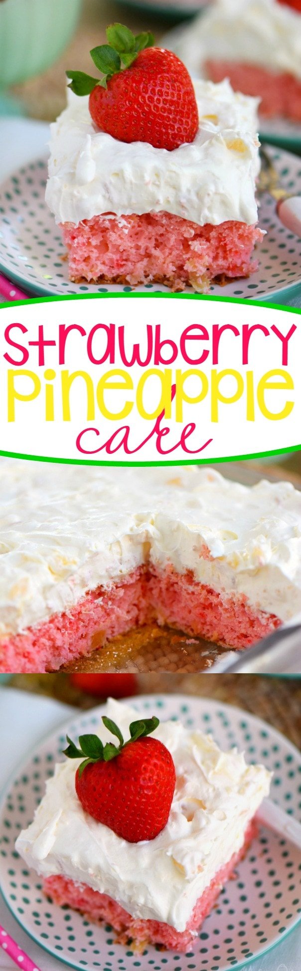 This Easy Strawberry Pineapple Cake recipe is ideal for all Spring and Summer festivities! Delightfully easy to make and topped with the creamiest pineapple fluff frosting, this cake will quickly become your go-to dessert recipe!