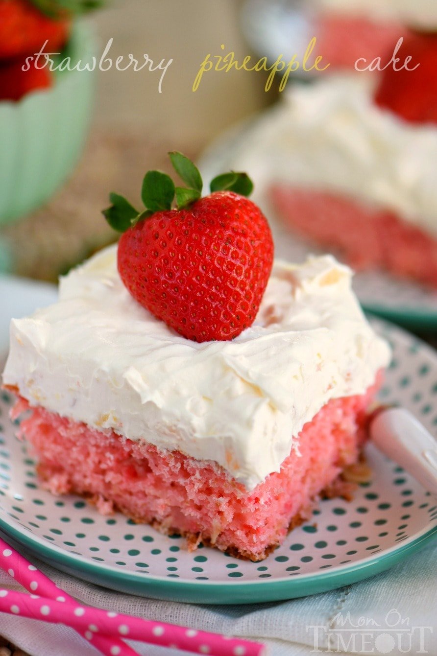 This Easy Strawberry Pineapple Cake is ideal for all Spring and Summer festivities! Delightfully easy to make and topped with the creamiest pineapple fluff frosting, this cake will quickly become your go-to dessert recipe!