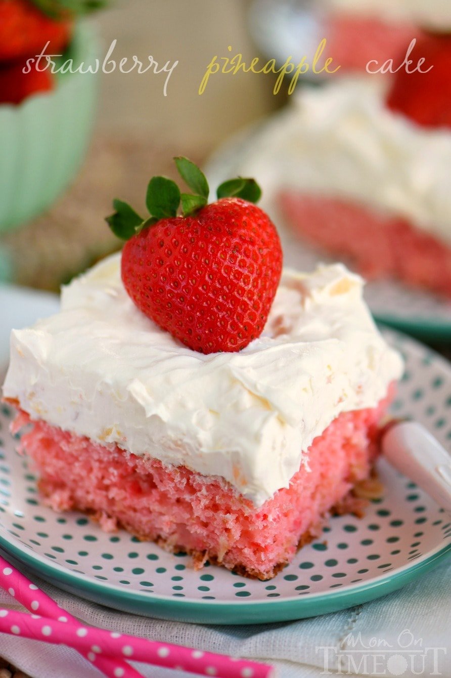 This Easy Strawberry Pineapple Cake is ideal for all Spring and Summer festivities! Delightfully easy to make and topped with the creamiest pineapple fluff frosting, this cake will quickly become your go-to dessert recipe! 