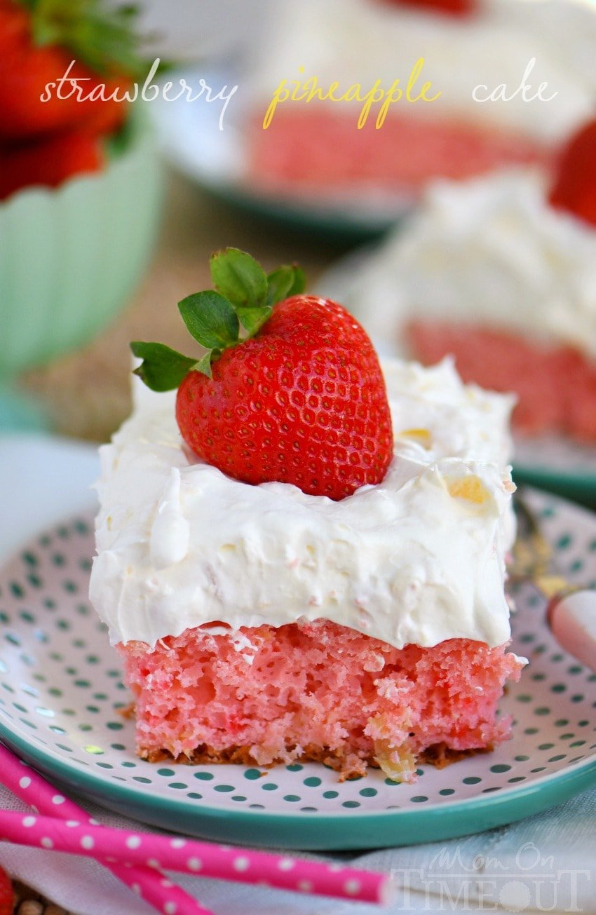 This Easy Strawberry Pineapple Cake recipe is perfect for all Spring and Summer festivities! Delightfully easy to make and topped with the creamiest pineapple fluff frosting, this cake will quickly become your go-to dessert recipe! 