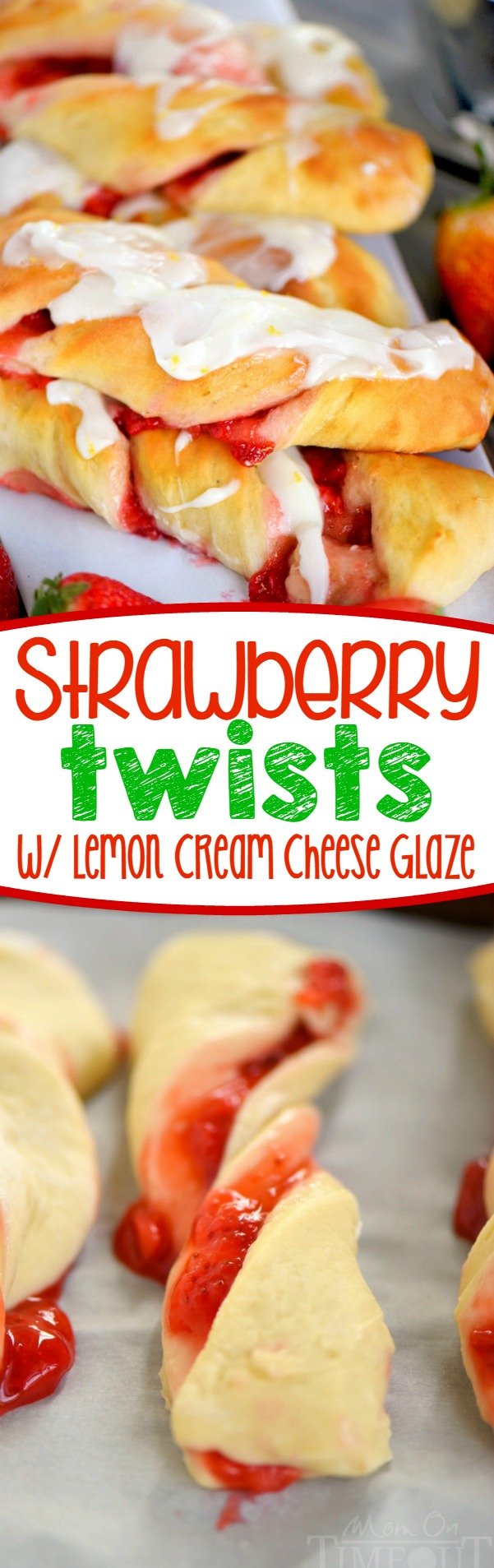 Strawberry Twists with Lemon Cream Cheese Glaze are sure to become your new favorite addition to Sunday brunch! A homemade strawberry filling makes these twists extra special and delicious and the lemon cream cheese glaze is going to knock your socks off! | Mom On Timeout