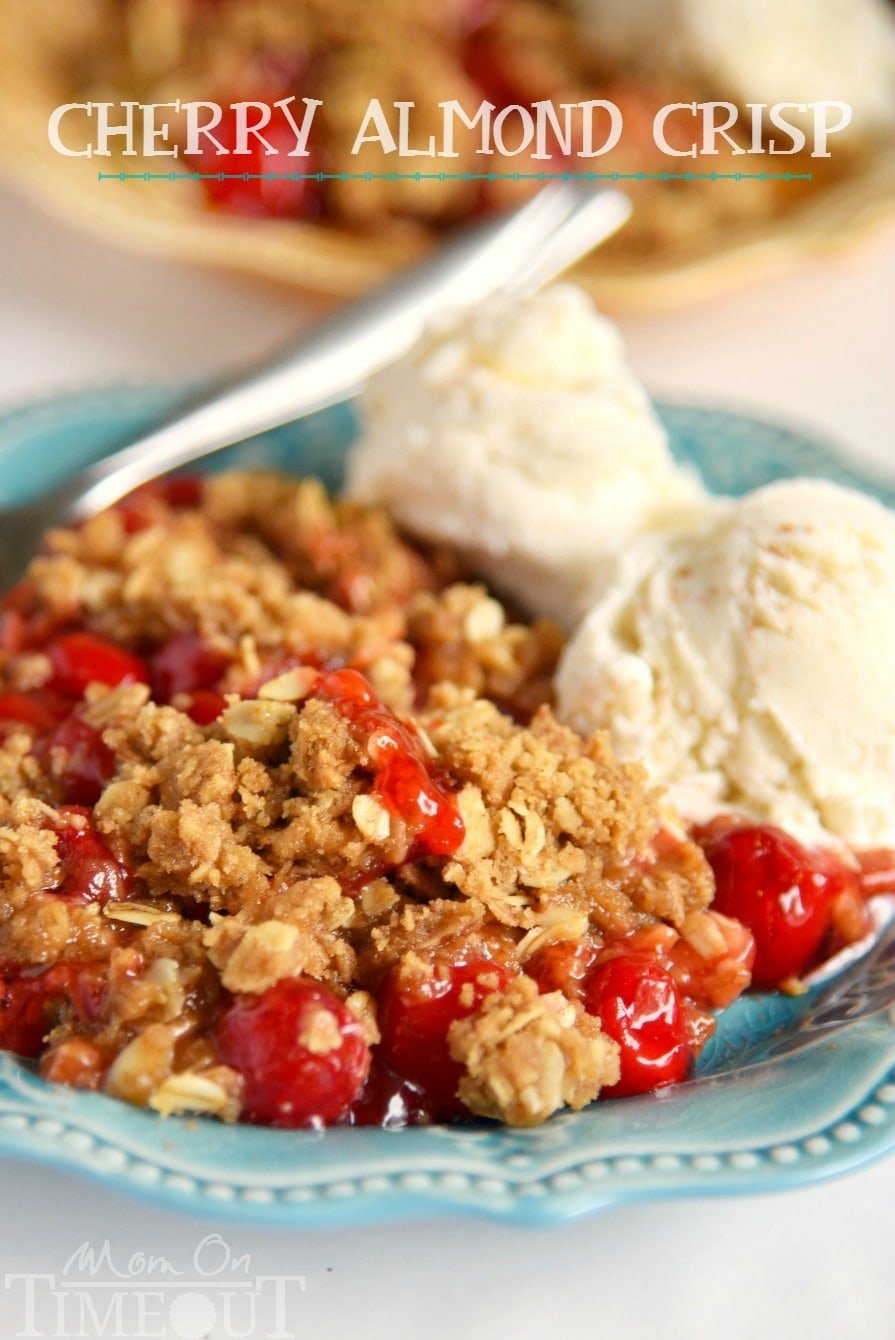 This Easy Cherry Almond Crisp will be the star of the show no matter when you make it! Serve with a scoop of vanilla ice cream for a dessert that will have friends and family moaning with delight! This easy dessert is sure to quickly become a new favorite!