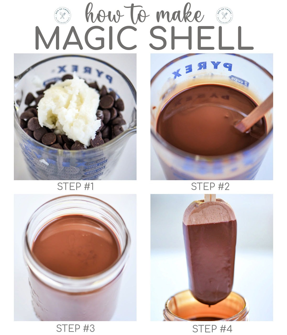 Four image graphic showing how to make chocolate magic shell recipe step by step.