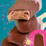 Graphic for chocolate magic shell recipe showing fudge pops dipped in the magic shell. Text overlay at top and bottom of image.