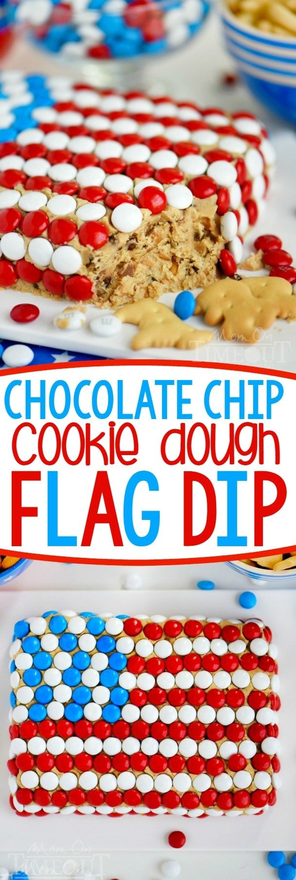 Celebrate with this outrageous Chocolate Chip Cookie Dough Flag Dip this 4th of July weekend! Edible chocolate chip cookie dough is loaded with toffee bits and peanut butter chips for the most delicious dip ever! Decorated in red, white, and blue, this easy dessert recipe is perfect for Memorial Day and Labor Day weekend as well!