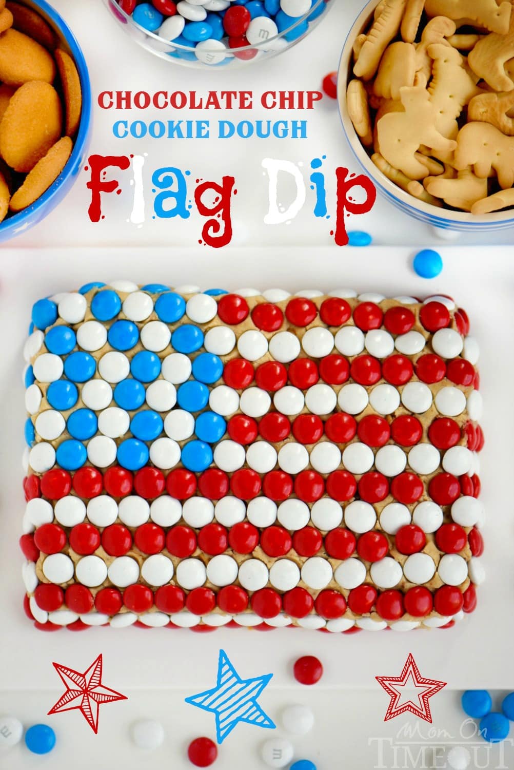 Celebrate with this outrageous Chocolate Chip Cookie Dough Flag Dip this 4th of July weekend! Edible chocolate chip cookie dough is loaded with toffee bits and peanut butter chips for the most delicious dip ever! Decorated in red, white, and blue, this easy dessert recipe is perfect for Memorial Day and Labor Day weekend as well!