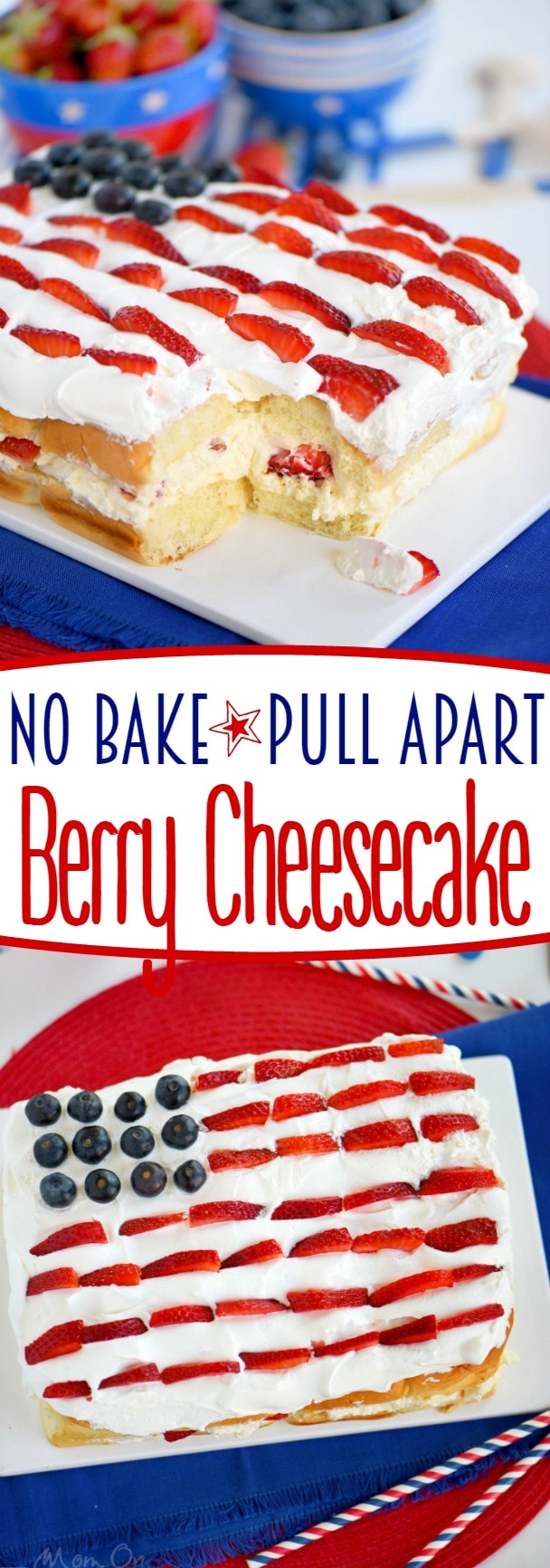 This delightful No Bake Pull Apart Berry Cheesecake takes about 10 minutes to make - start to finish! A delicious and easy dessert recipe that's perfect for the 4th of July and all your BBQ and potluck needs!