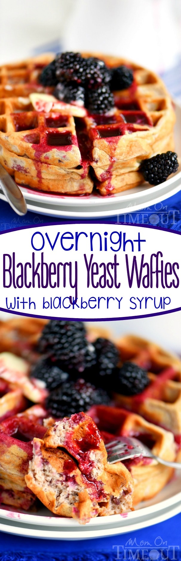 Better-for-you Overnight Blackberry Yeast Waffles with blackberry syrup - breakfast has never looked so good! Five minutes of work the night before delivers the most amazingly delicious waffles the next morning!