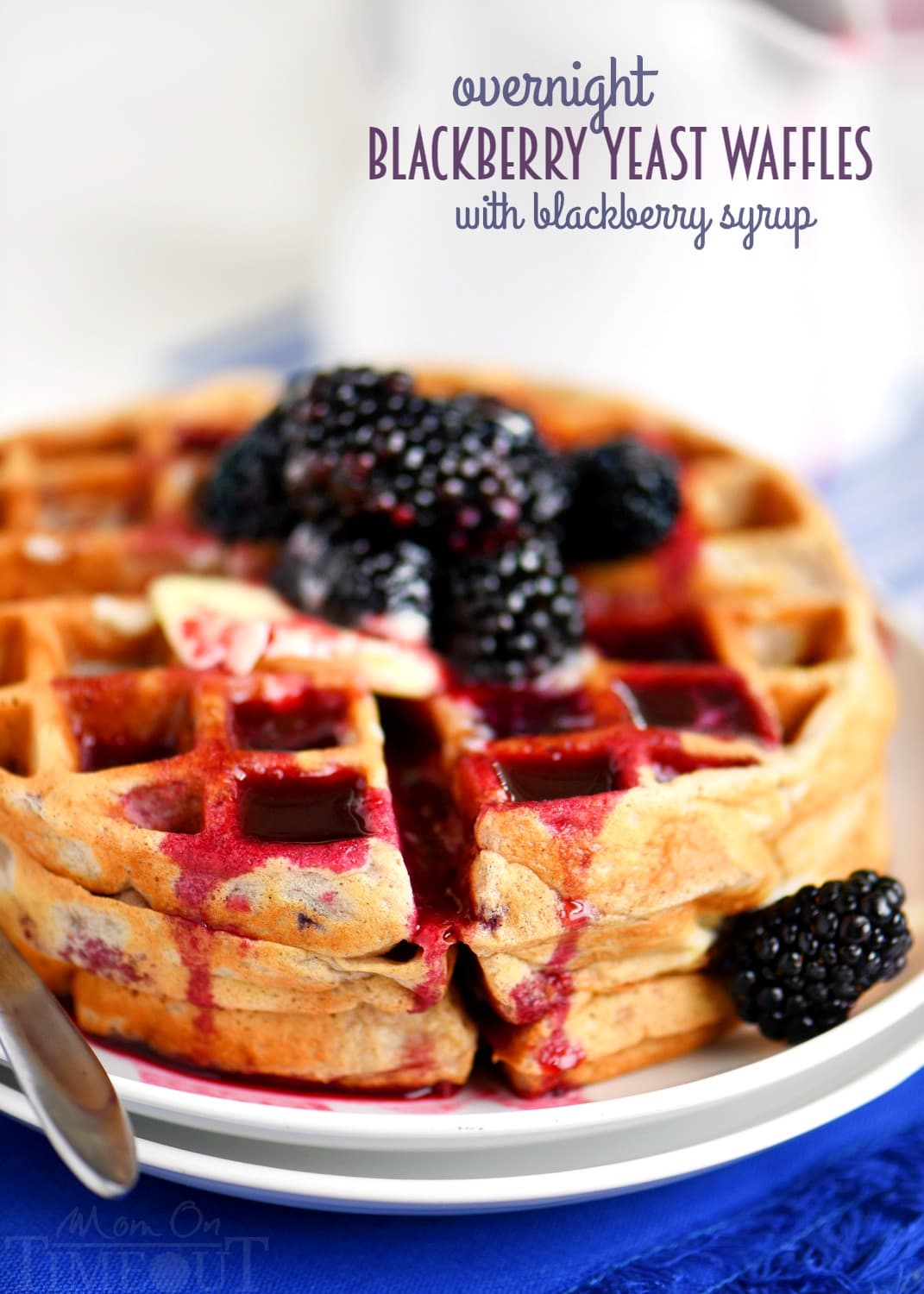 Better-for-you Overnight Blackberry Yeast Waffles with blackberry syrup - breakfast has never looked so good! Five minutes of work the night before delivers the most amazingly delicious waffles the next morning!