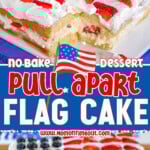 Two image collage of pull apart flag cake for 4th of july made with hawaiian rolls, no bake cheesecake, fresh berries and whipped cream. Center color block with text overlay.
