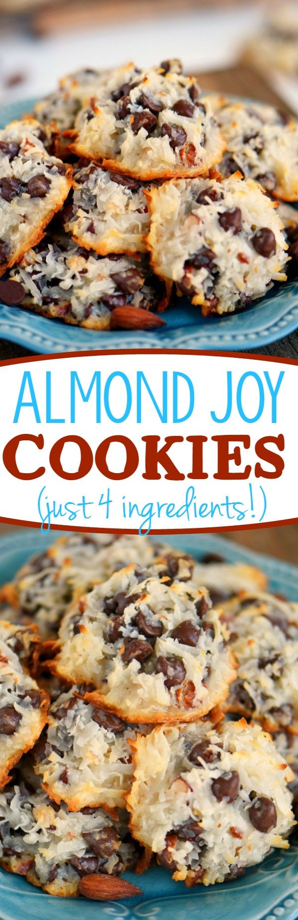 These easy Almond Joy Cookies take just four ingredients and don't even require a mixer! No beating, no chilling, just mix 'em up and throw 'em in the oven EASY! You're going to love these ooey gooey fabulous cookies!