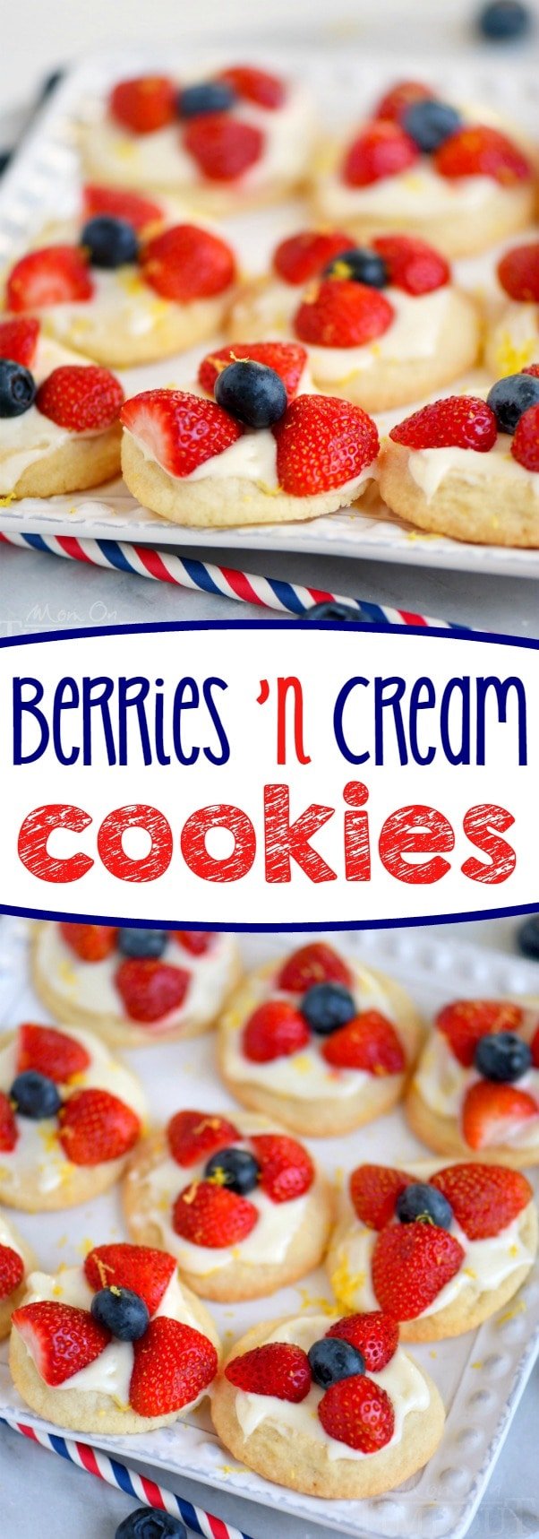 Almost too pretty to eat, these Berries 'N Cream Cookies are the easiest recipe you'll make all summer long! Sweet sugar cookies are topped with a bright, lemon cream cheese frosting and fresh berries! Soooo good!