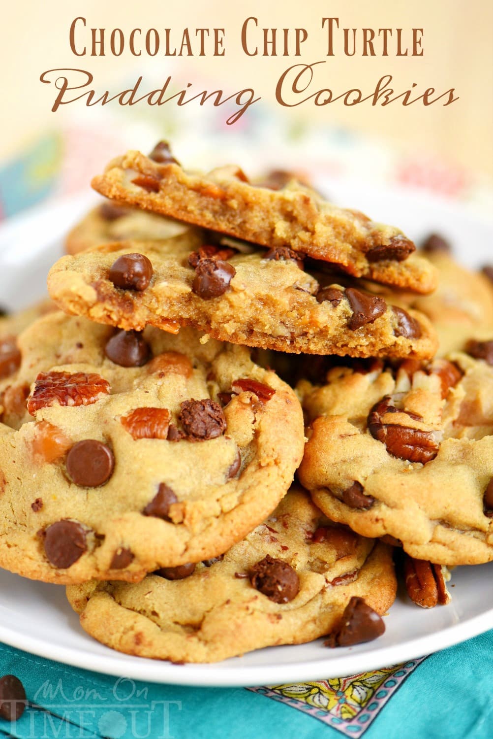 Outrageous Chocolate Chip Turtle Pudding Cookies are loaded with chocolate chips, pecans, and caramel. These giant, bakery style cookies will steal the show! Extra chewy and packed with flavor!