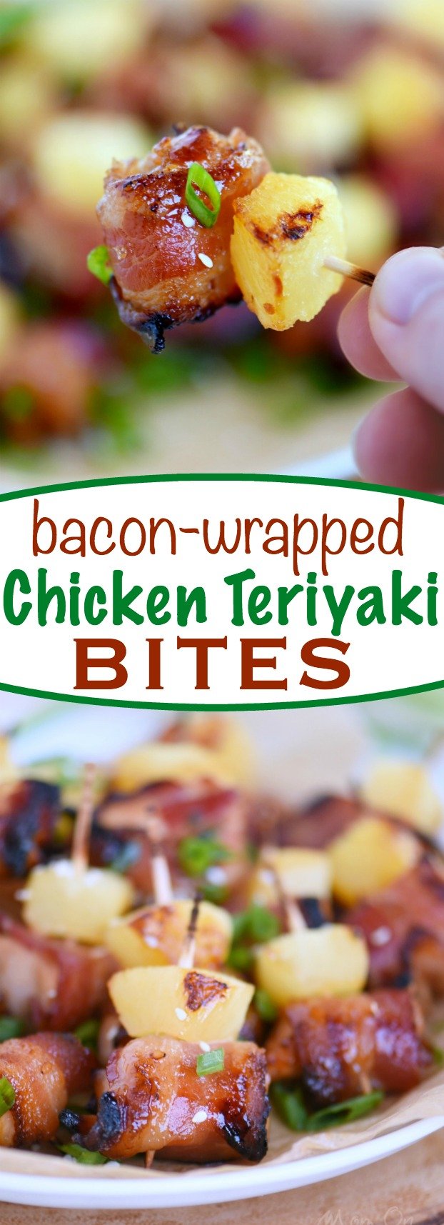 These Bacon Wrapped Chicken Teriyaki Bites are sure to be a huge hit on game day! Sweet and savory, packed full of flavor, and just 5 ingredients! Sure to be your new favorite appetizer! Score! | Mom On Timeout