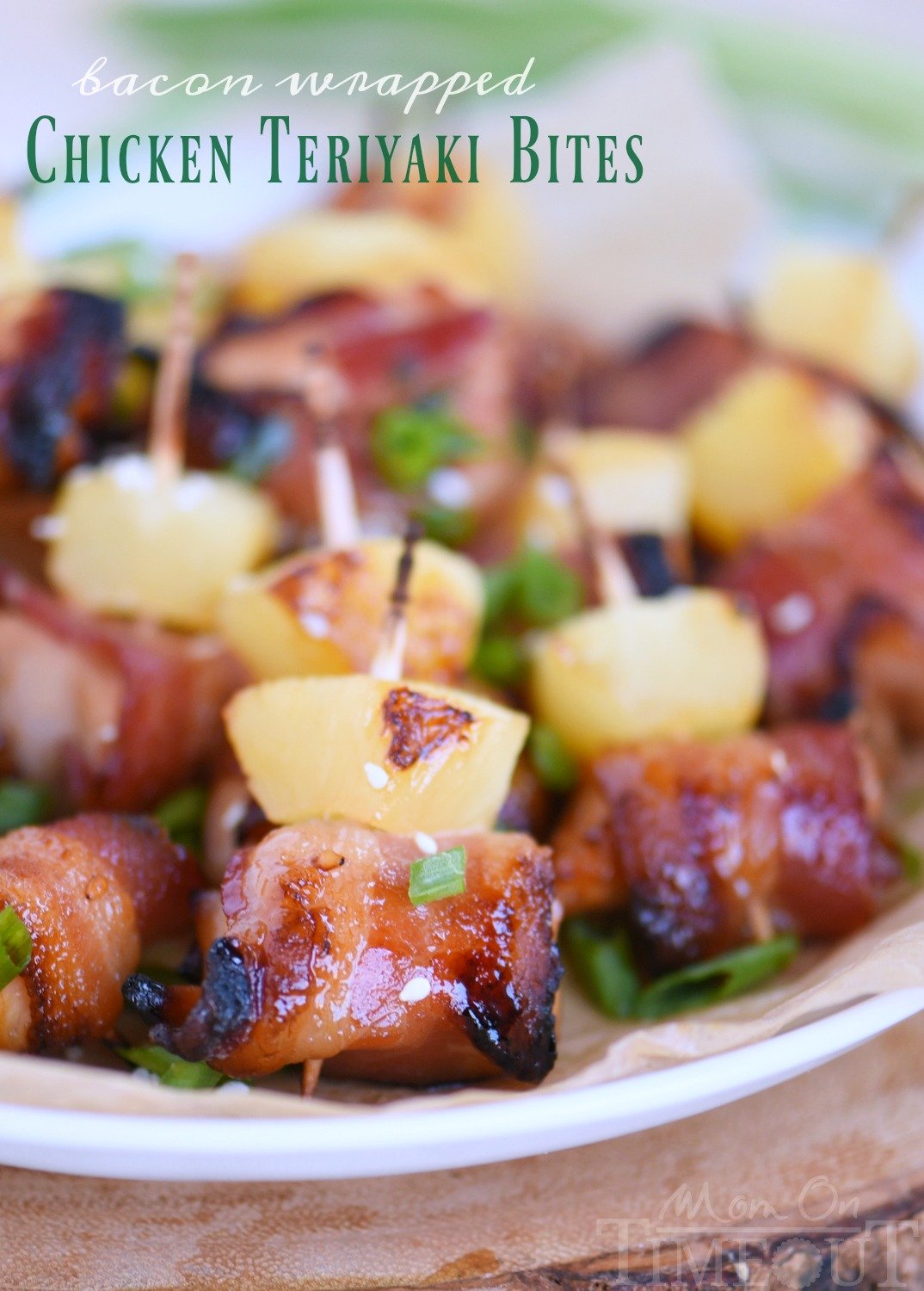 These Bacon Wrapped Chicken Teriyaki Bites are sure to be a huge hit on game day! Sweet and savory, packed full of flavor, and just 5 ingredients! Sure to be your new favorite appetizer! Score! | Mom On Timeout