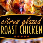 two image collage showing roasted chicken on sheet pan made with a citrus glaze. center color block with text overlay.
