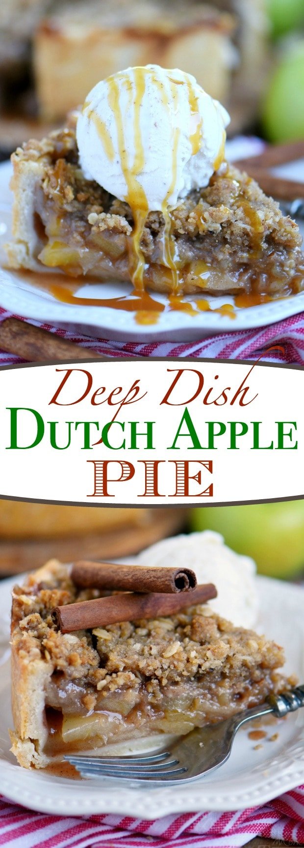 Deep Dish Dutch Apple Pie is loaded with a spiced apple filling and topped with a crunchy, sweet, pecan streusel topping. Best served with a big scoop of vanilla ice cream and caramel sauce. This is THE dessert for the fall season! | Mom On Timeout