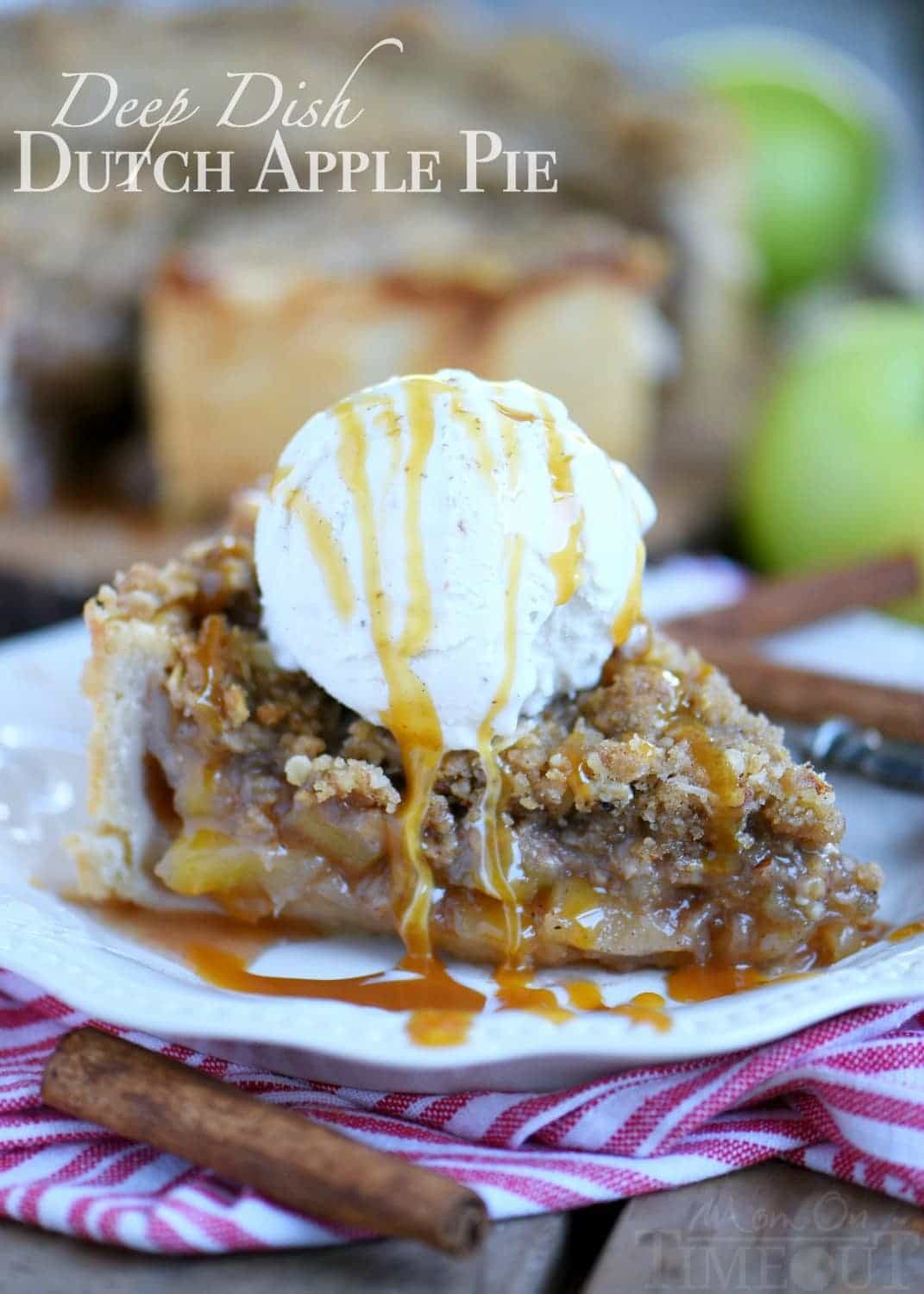 Deep Dish Dutch Apple Pie is loaded with a spiced apple filling and topped with a crunchy, sweet, pecan streusel topping. Best served with a big scoop of vanilla ice cream and caramel sauce. This is THE dessert for the fall season! | Mom On Timeout