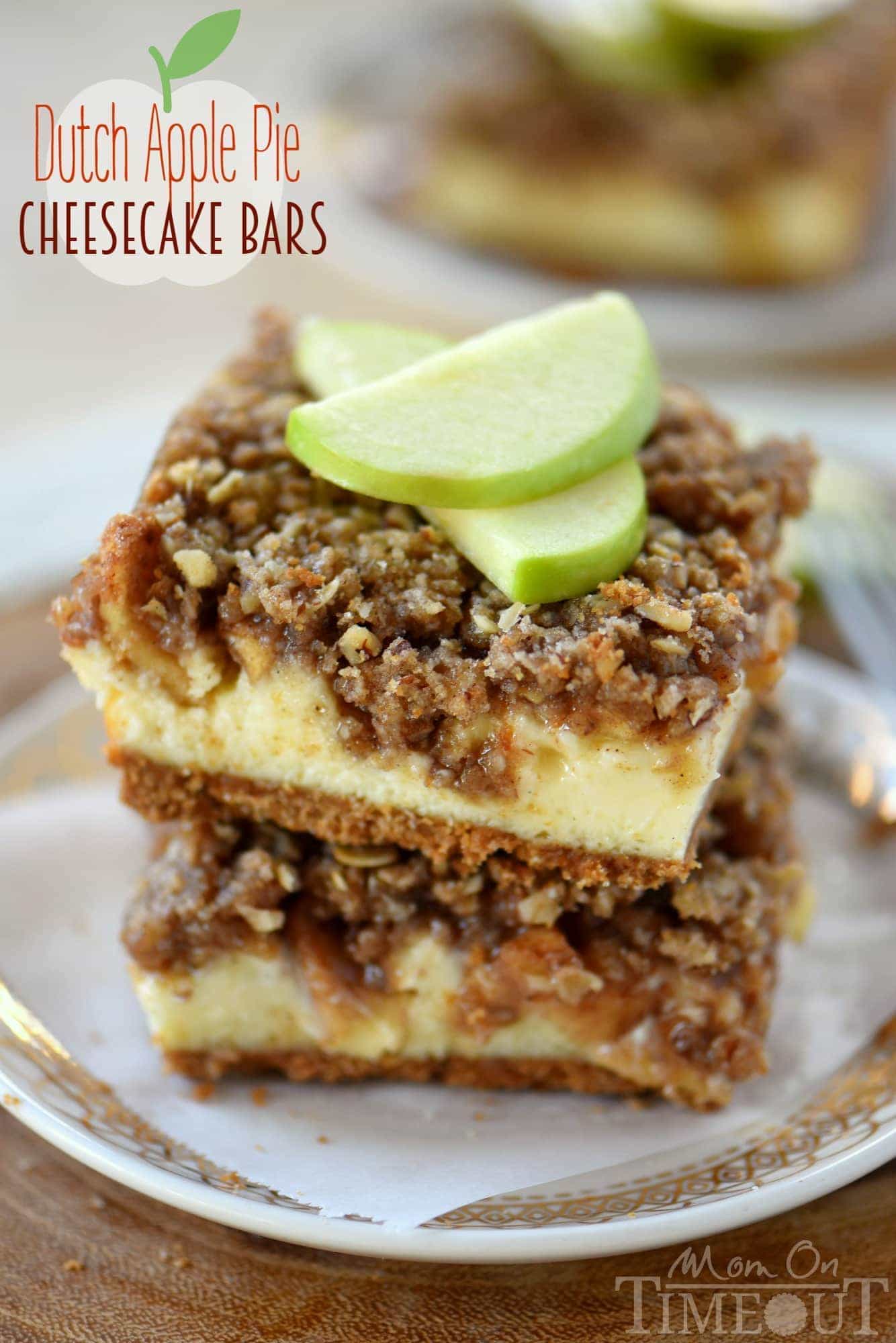 Apple season has arrived and to celebrate, I'm sharing these outrageous Dutch Apple Pie Cheesecake Bars! A graham cracker crust spiced with cinnamon, a decadent vanilla bean cheesecake layer, apples tossed in sugar, cinnamon, and nutmeg and finally my favorite streusel topping. Yeah, WOW. | Mom On Timeout