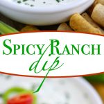 two image collage showing spicy ranch dip in white bowl surrounded by taquitos for dipping. center color block with text overlay.